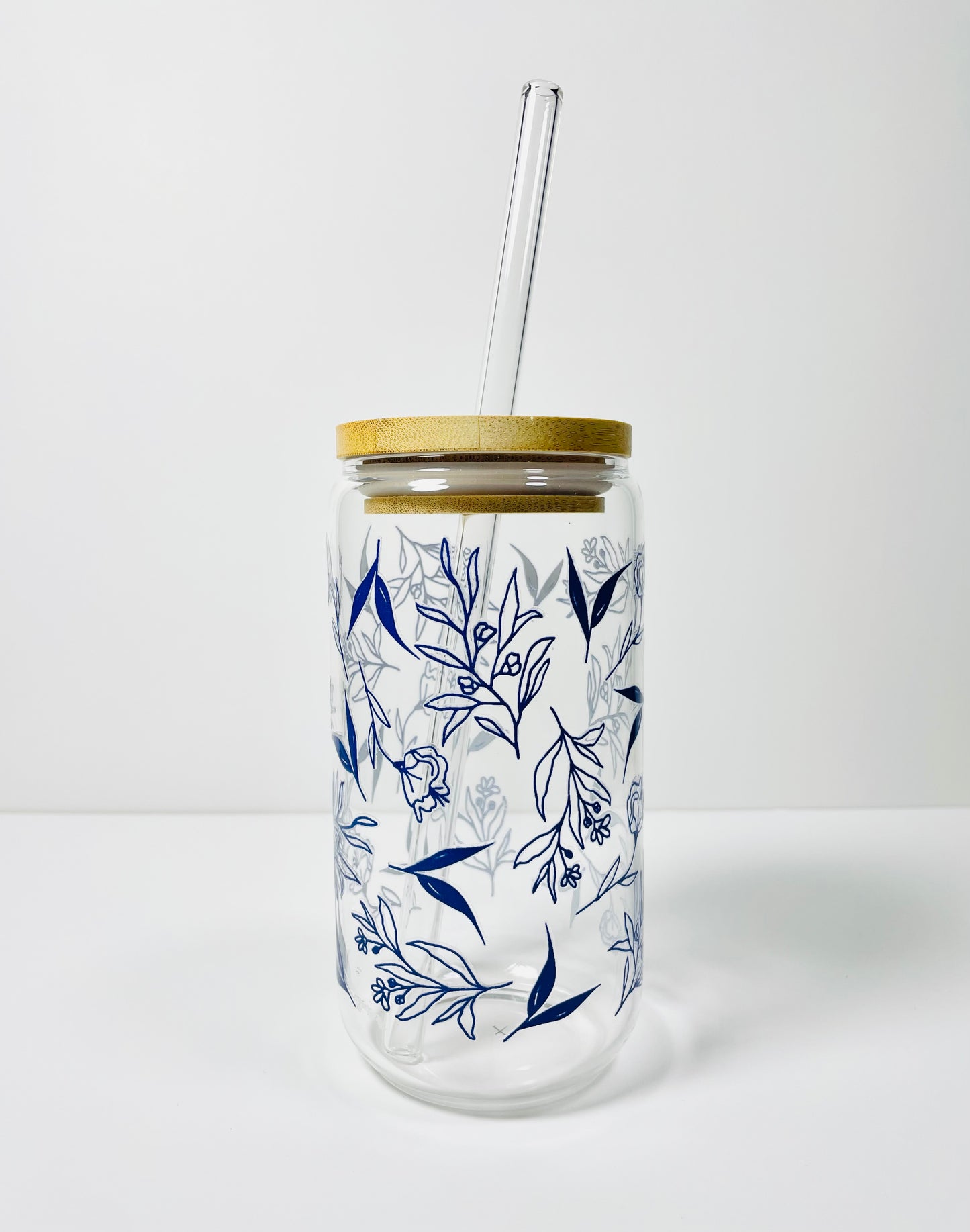 Blue Line Floral Glass Cup