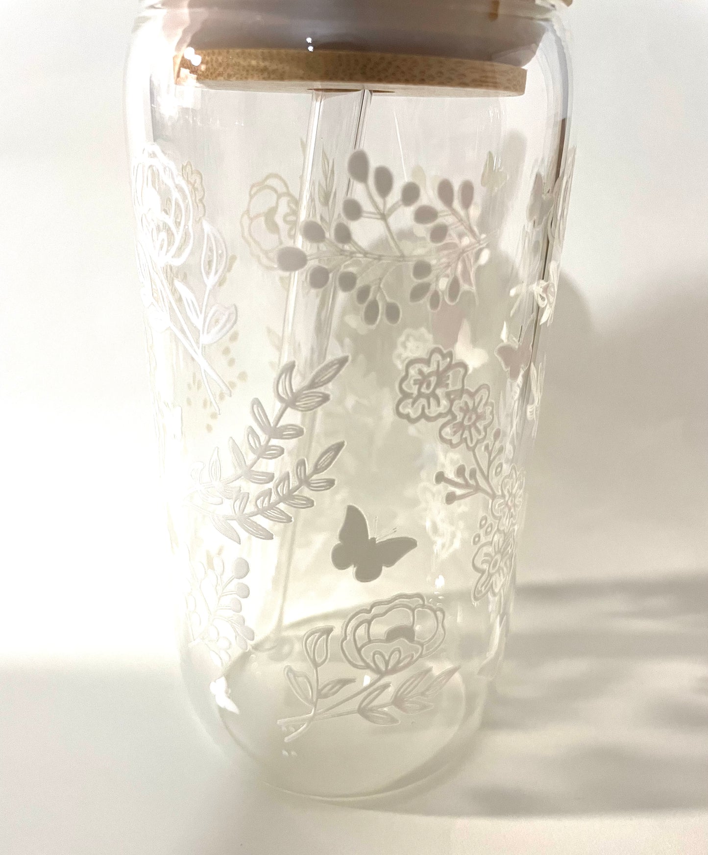 White Butterfly Blossoms Glass Can