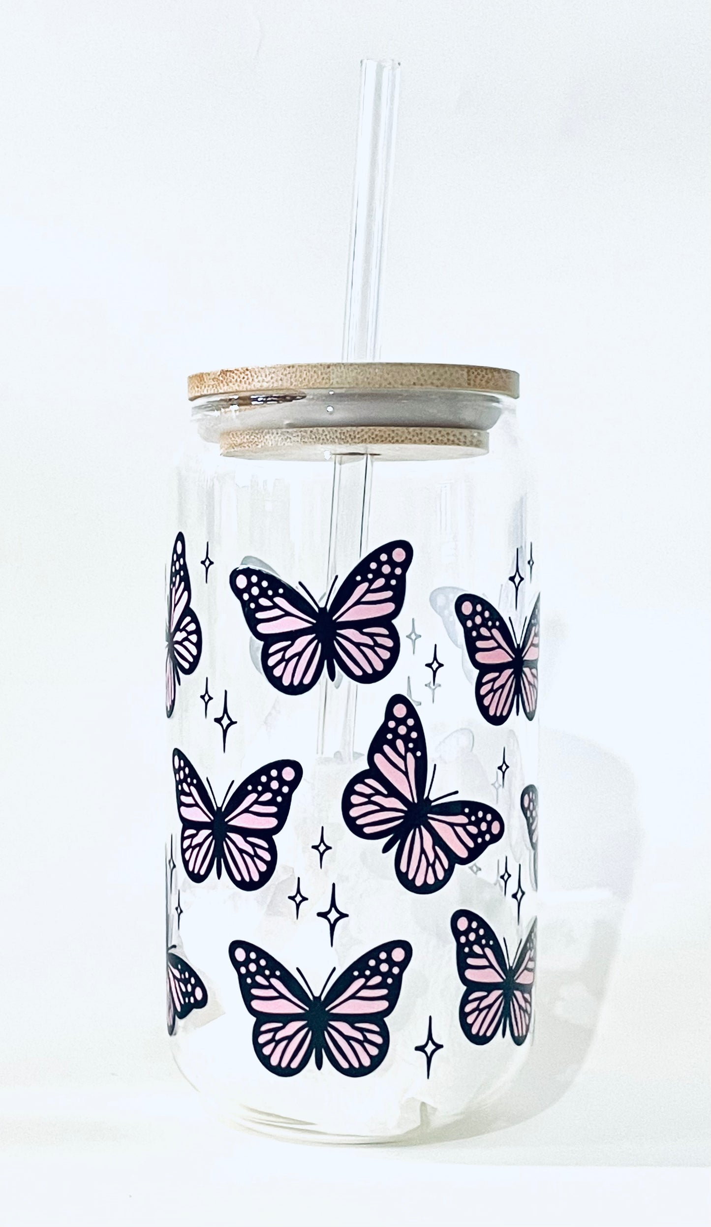 Pink Butterfly Glass Can