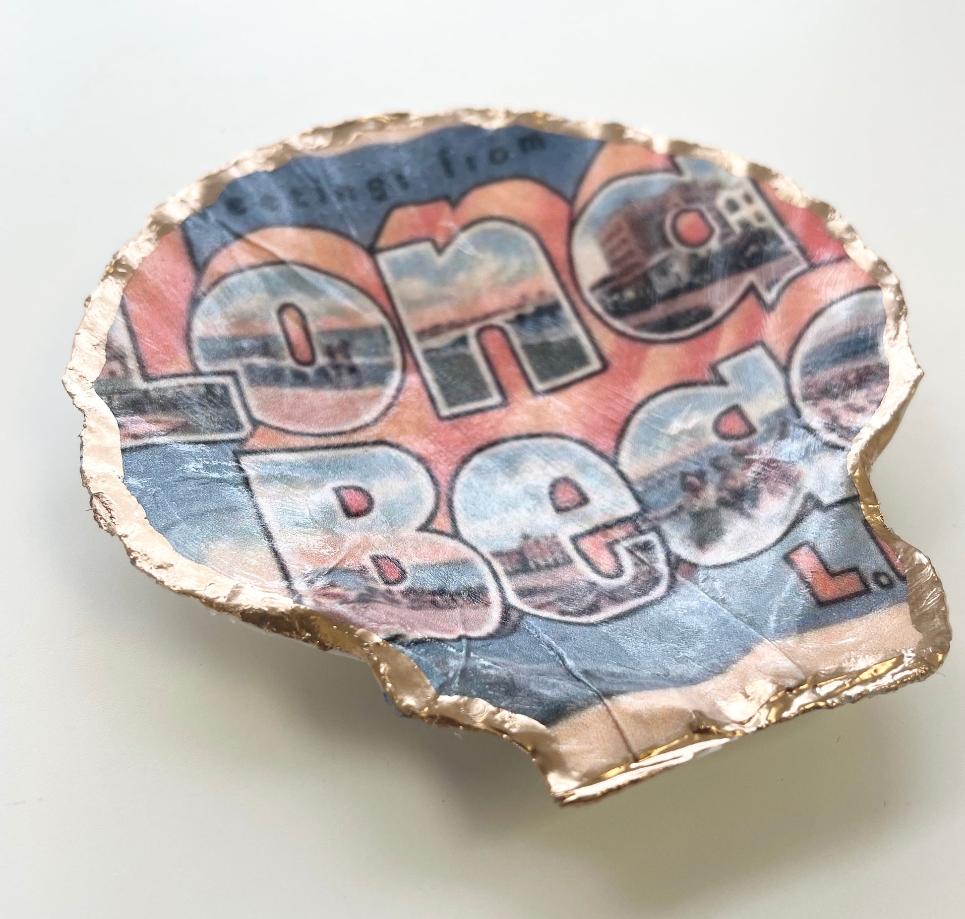 Long Beach Postcard Seashell Trinket Dish - Gold Trimmed - Gordon Craftworks